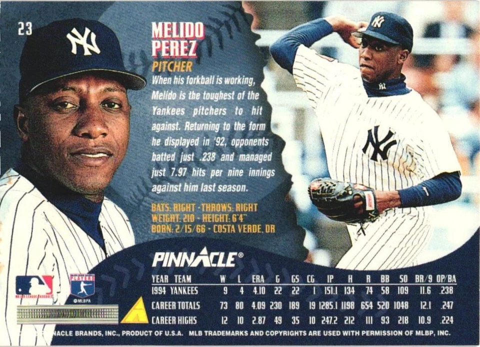 1995 Pinnacle #23 Melido Perez New York Yankees - Image 2 of 2