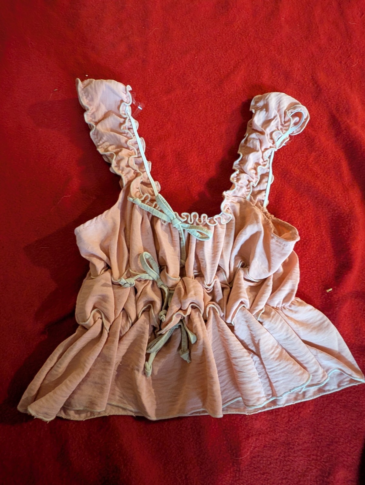 Discreet NYC Ruffles All Over Camisole Stretchy Bows Sz Large Pale Pink Coquette