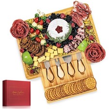 Bamboo Cheese Board and Knife Set  Beautiful Charcuterie Board for Wine, Chee...