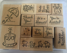 STAMPIN UP WOOD MOUNTED BABY SHOWER FIRST BIRTHDAY ANNOUNMENTS STAMP SET
