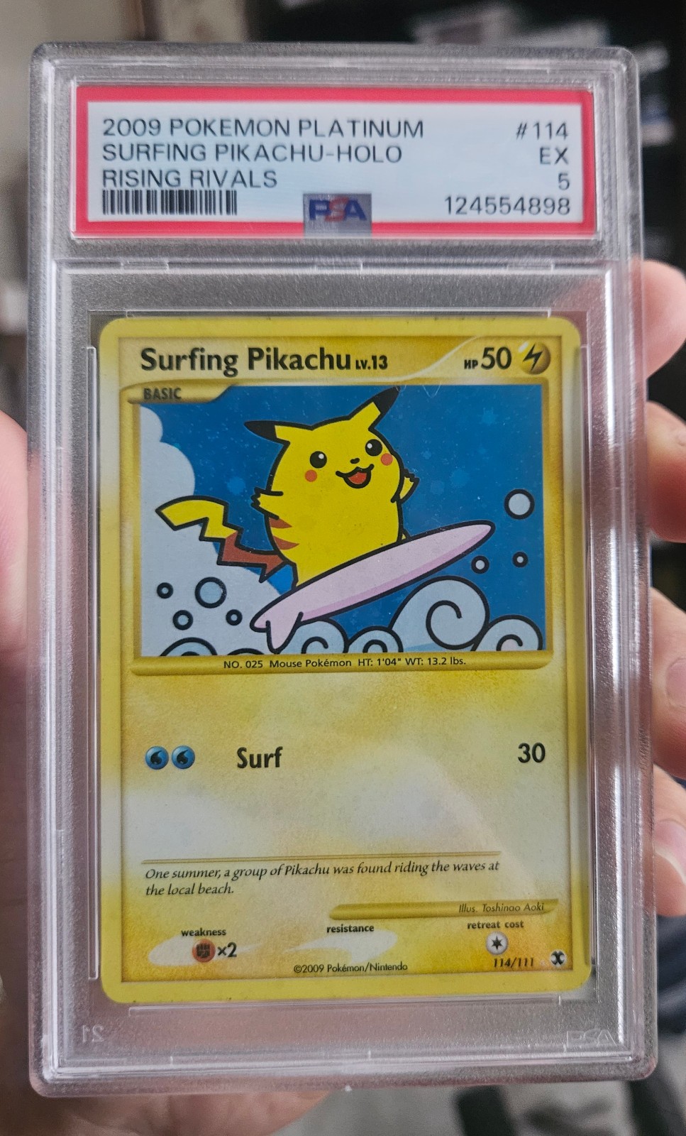 2009 POKEMON PLATINUM RISING RIVALS #114 SURFING PIKACHU-HOLO PSA 5