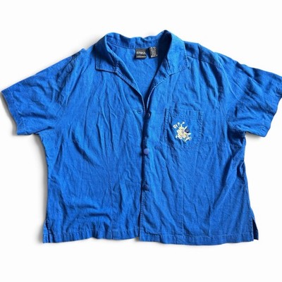 ERIKA Women s Plus 2X Blue Linen/Rayon Collared Button-Up Blouse Emb Pocket