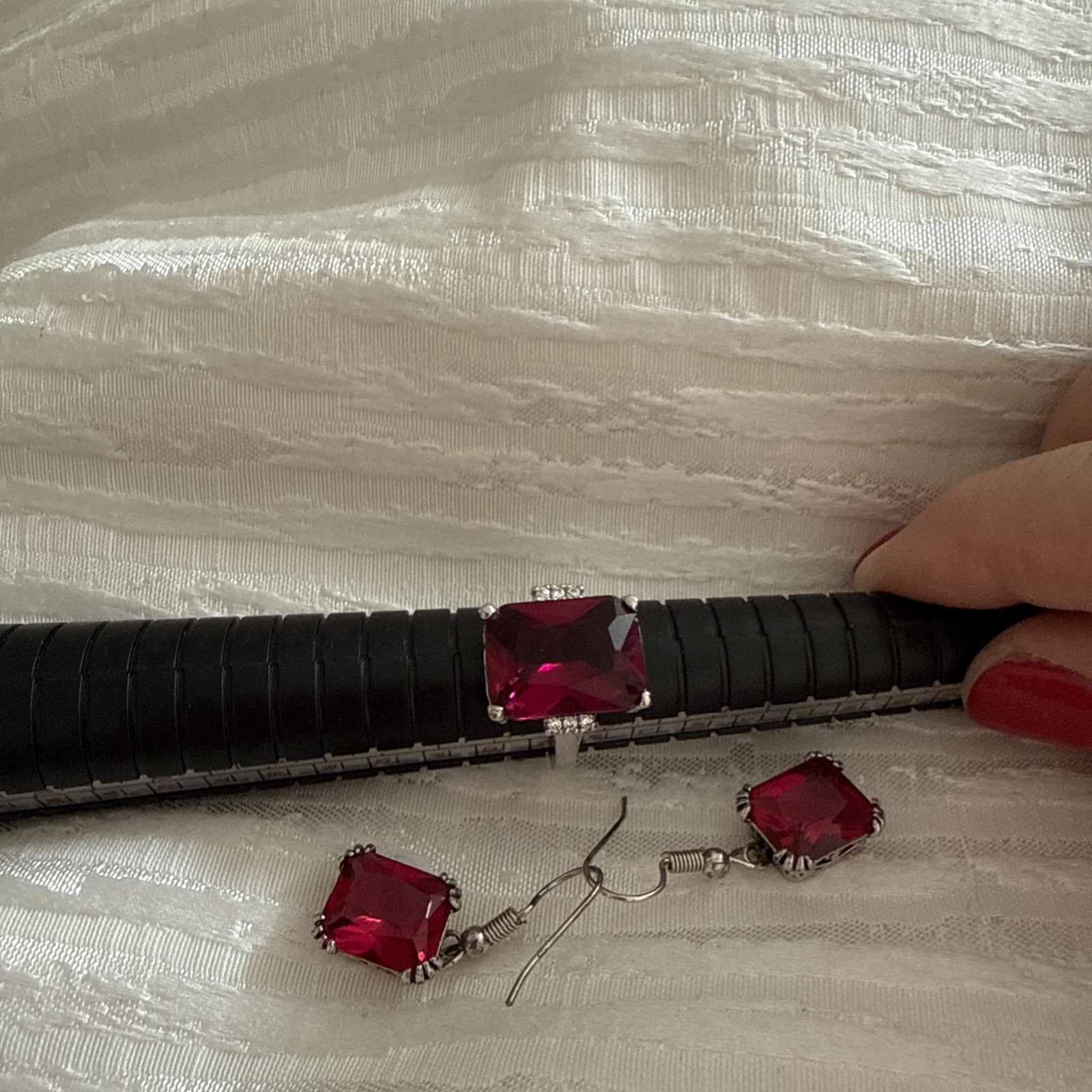 Two Piece Set, Sterling Silver, 925, Ruby Earring… - image 17