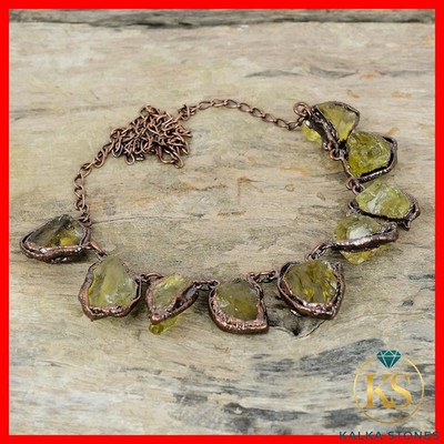 Copper Pentagon Citrine Rough Stone Chain Bezel Electroformed Necklace Jewelry
