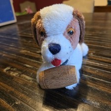 Vintage 1978 R. Dakin Saint St Bernard Wood Barrel Stuffed Plush Dog Puppy 9"