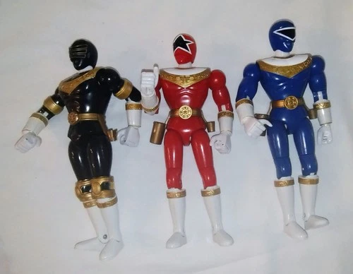 3 Vintage 8" Power Rangers '96 Bandai Poseable Chop Action Blue Black Red. Gold