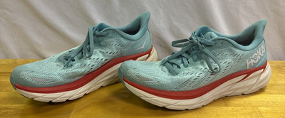 Aqua HOKA Women's Size 9B One Clifton 8 Aqua & Red Trim Running Shoes in VGC