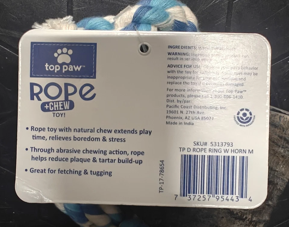 Cuerda tejida circular azul y blanca Top Paw + juguete para masticar con cuerno natural Foto 2 de 2