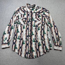 Wrangler Retro Shirt Women Medium Blue Green Long Sleeve Pearl Snap Aztec Cactus