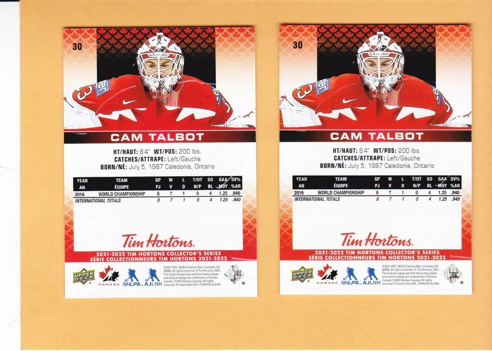 CAM TALBOT #30 TIM HORTONS 2021 22 TEAM CANADA 2 LOT CANADA (WILD) NM-MT - Image 2 of 2