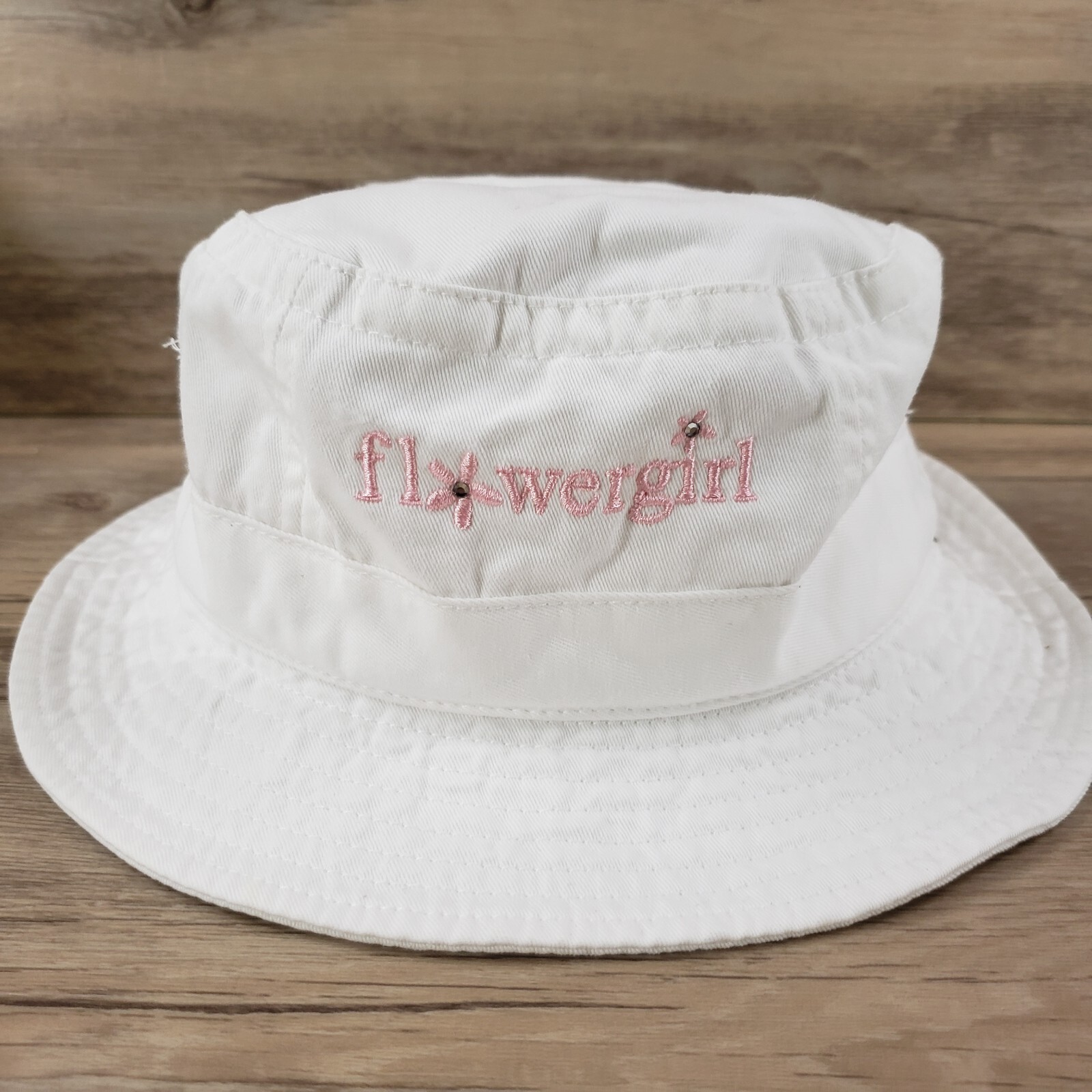 Flowergirl Hat Bucket Cap White Spell Out Cotton Girls Kids
