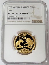 2003 GOLD SOUTH AFRICA 50 RAND LION NATURA 1/2 oz NGC PROOF 70 ULTRA CAMEO 5700.00 per troy oz