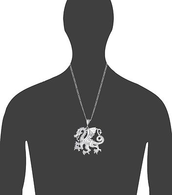 Riesiger Sterling Silber Drache Charm Anhänger Halskette Diamantschliff Finish mit Kette