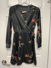 Hoot Owl Vintage Womens Dress Black Wrap Floral S *FLAWS