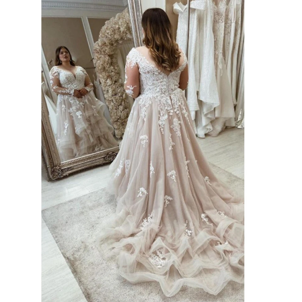 Vestidos de novia champán con volantes mangas largas talla grande cuello en V Foto 2 de 4