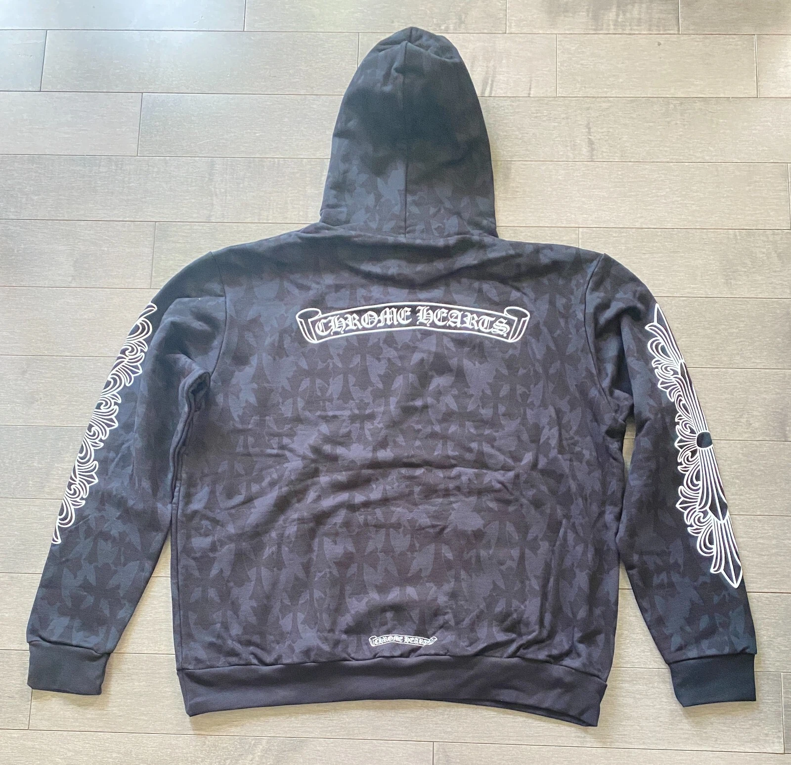 CHROME HEARTS Felpa con cappuccio nera Cromati Cuori Cimitero Croce Tutto Over Stampa taglia L NUOVA ✅