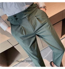 Men's Gurkha Casual Trousers Striped Business Naples Slim High Waist Dress Pants