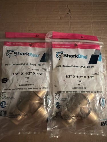SHARKBITE 1/2" Inch Push-To-Connect Brass Tee Fitting.  Pack of 2.