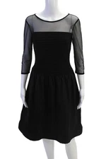 Adrianna Papell Womens Round Neck Long Sleeve Ruched Skater Dress Black Size 4