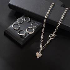 Silver Chain Heart Pendant Necklace Knuckle Stackable Joint Finger Midi Rings