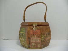 VINTAGE WOODEN TOWN STORES LANDSCAPE DECOUPAGE ART FOLK OCTAGON BOX PURSE