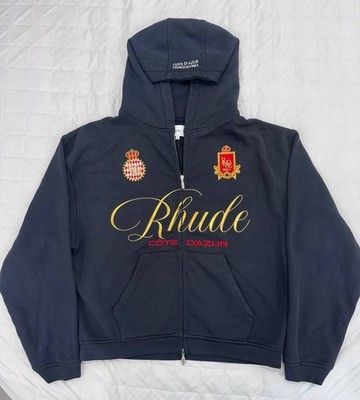 Rhude Cote D Azur Zip Hoodie Navy Gold Embroidery Size L Streetwear Luxury