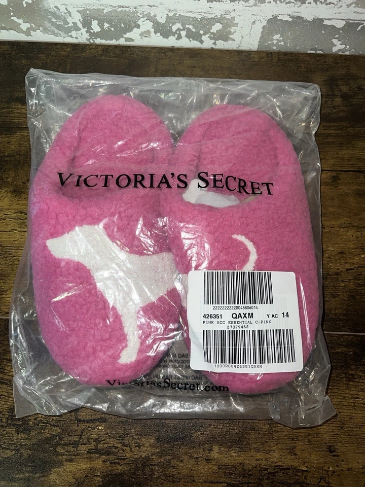 NEW! Victoria's Secret Fuzzy PINK Dog Slippers Slides - Pink & White Size M - Image 2 of 4