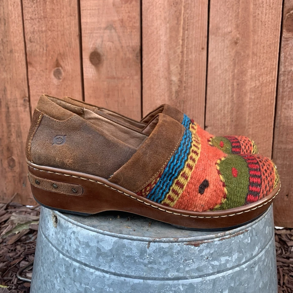 BORN Leather Wool Clog Shoes Women's 8 Brown Southwest Slip On Western - Image 2 of 4