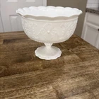 Vintage Milk Glass Pedestal Compote Candy Bowl Scalloped Rim Embossed Floral