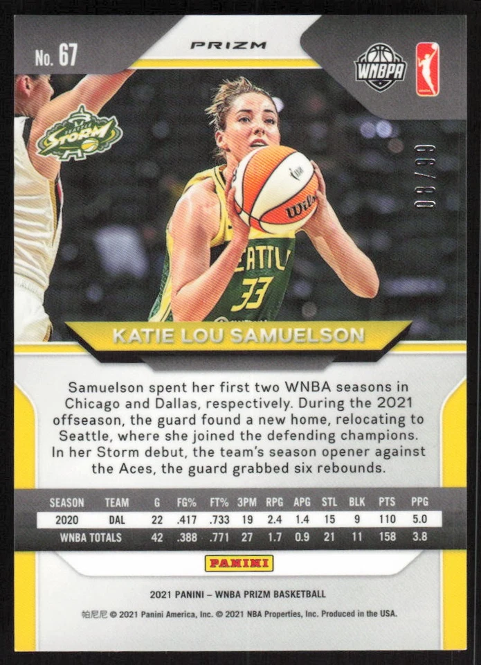 2021 Panini Prizm WNBA Purple #67 Katie Lou Samuelson /99 Seattle Storm - Image 2 of 2