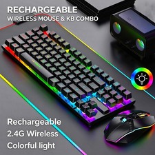 Rechargeable Wireless Gaming Keyboard  Mouse Combo 87 Keys Rainbow RGB Backlit
