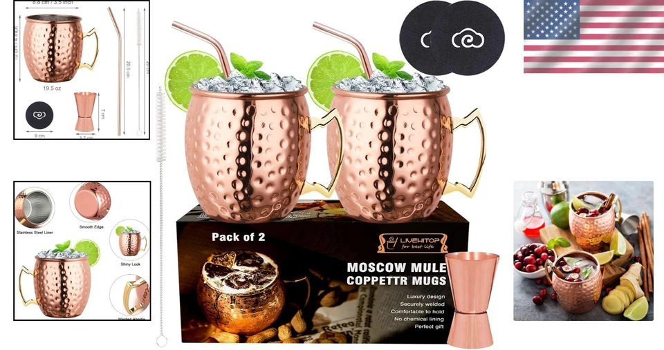 Juego de 2 tazas de cobre Moscow Mule hechas a mano, 19,5 OZ con accesorios adicionales Foto 2 de 4