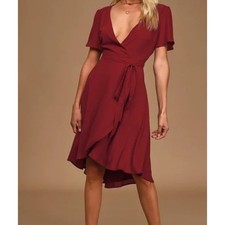 Lulus Burgundy Wrap Midi Dress Flutter Sleeve Tie Waist Sz M