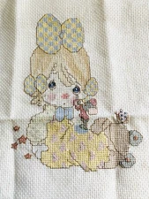 Vintage 1980’s Finished Cross Stitch PRECIOUS MOMENTS Unframed 8” w X  11” h