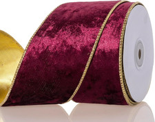 2 1/2 Inch Burgundy Velvet Wired Ribbon   Double-Sided Gold Metallic and Burgund