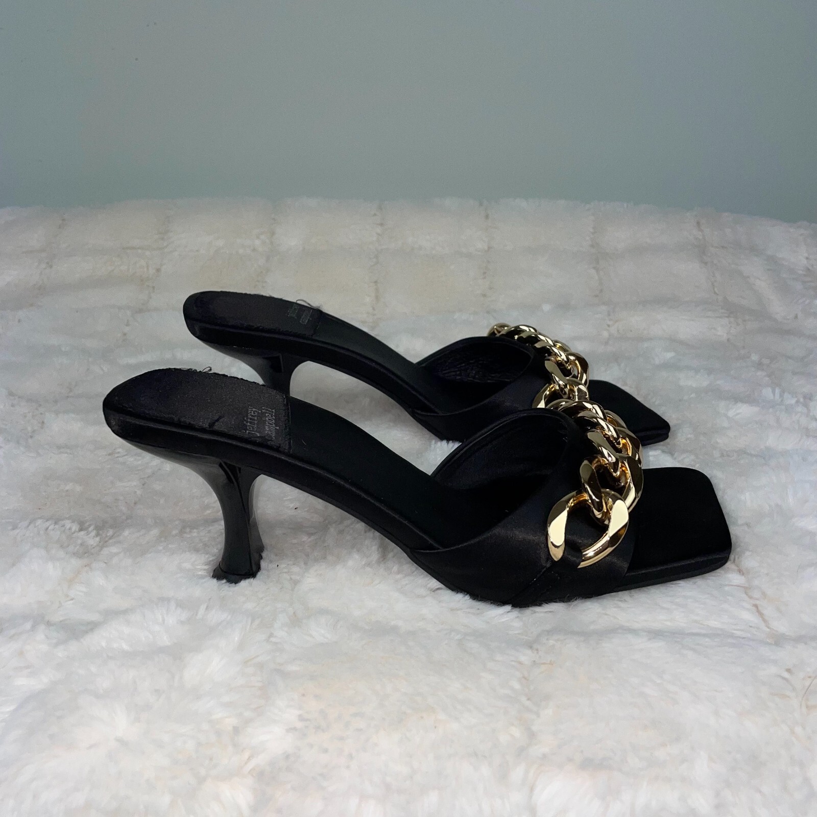 JEFFREY CAMPBELL Mr Big Chain Slide Sandal Black Satin Slip on Heels Mules  Sz 7 | eBay