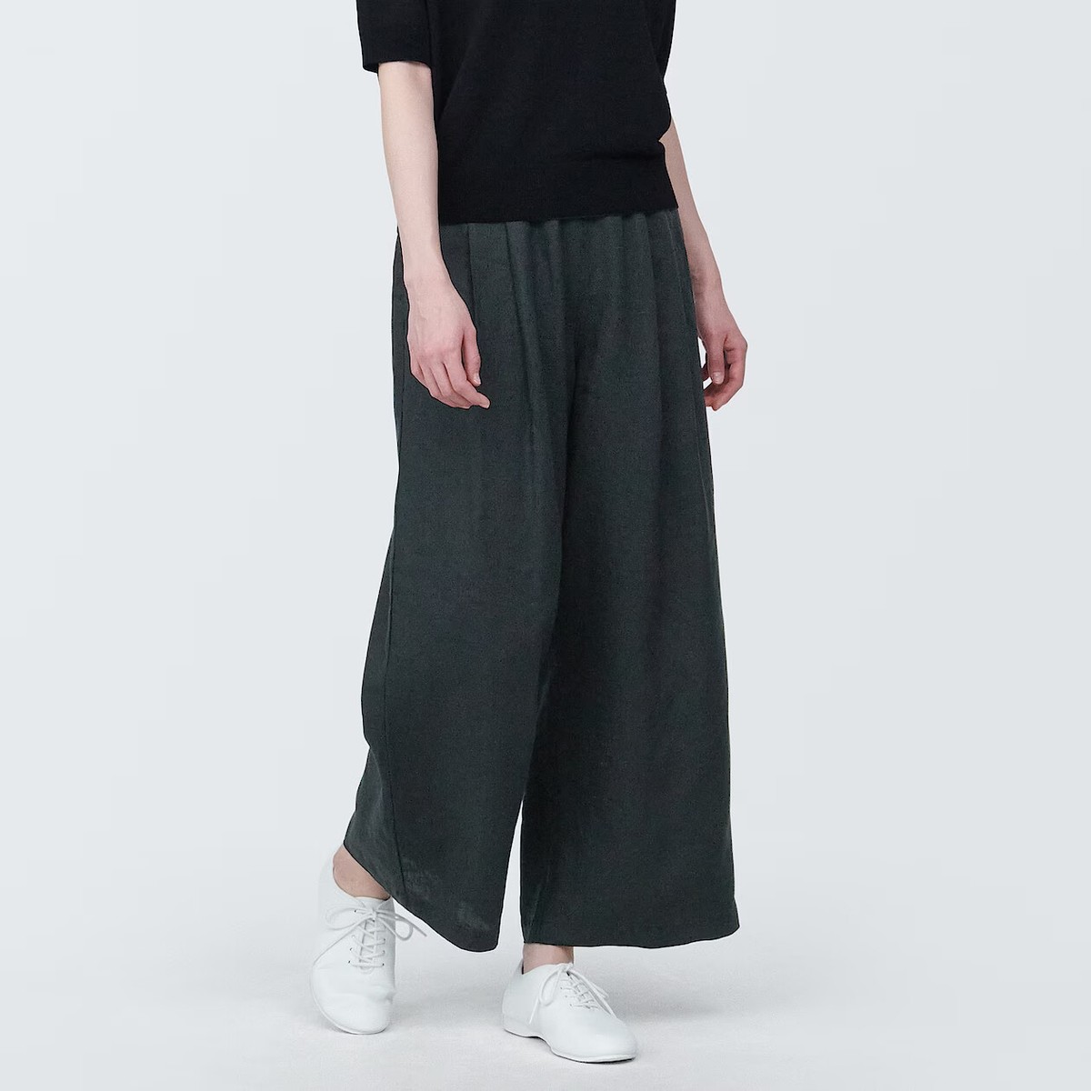 MUJI Womens 100% Linen Easy Wide Pants Black FedEx | eBay