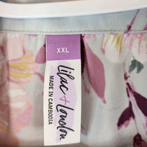 Lilac + London Satin Floral Button Front Pajama Short Sleeve Lace Trim TOP ONLY - Picture 5 of 11