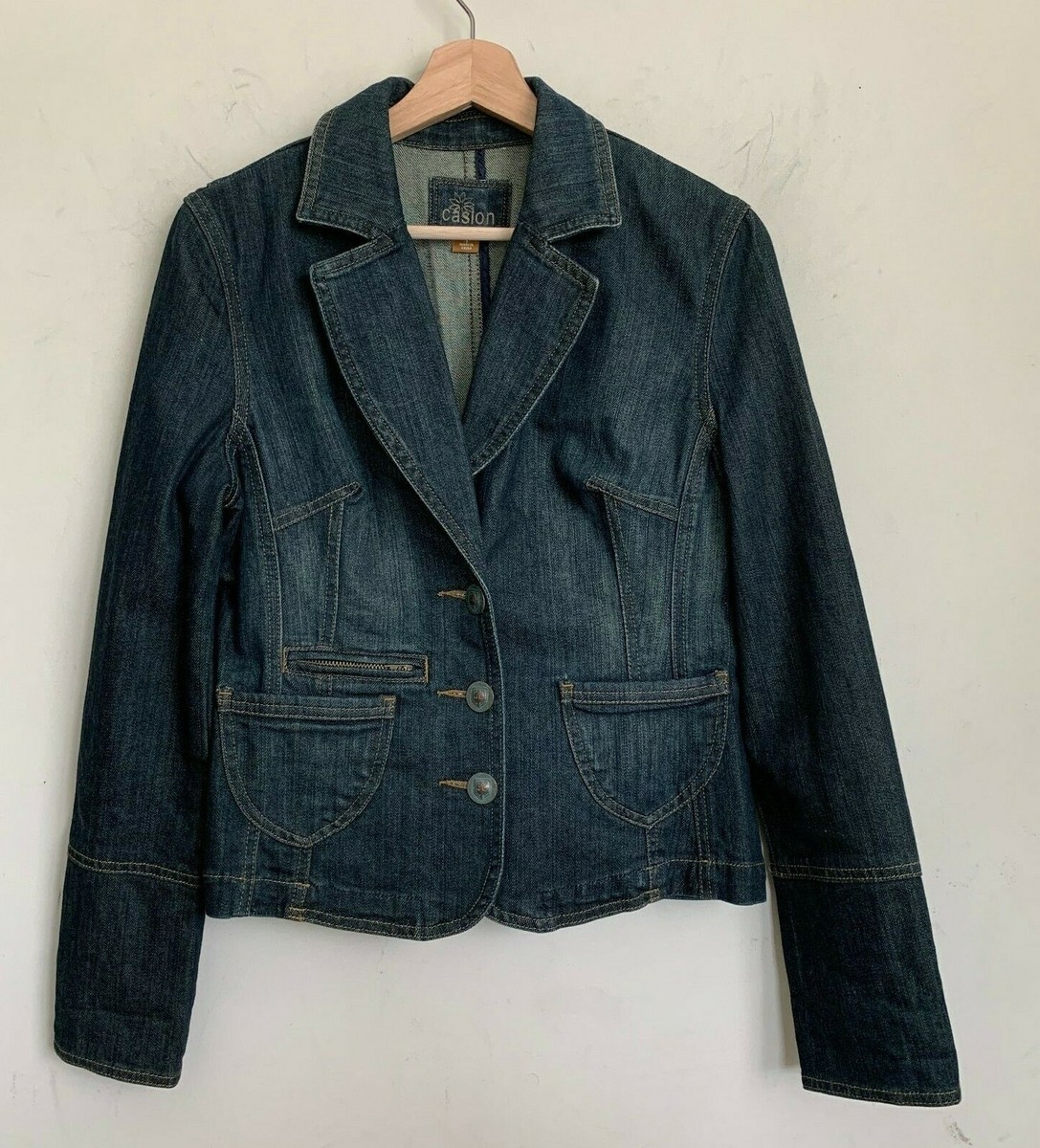 Caslon Jacket Blue Denim Dark Wash Stitch Collared Buttons Pockets