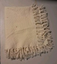 Vintage Wool Ivory Knit Pink Rose Bud Floral Accents Baby Crib Fringe Blanket