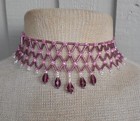 Netted Weave Beaded Choker Necklace Adjustable Length in Purple Hot Pink Silver