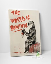 BEAUTIFUL WORLD Monkey Graffiti Canvas Art Banksy Wall Art Print Picture -D315