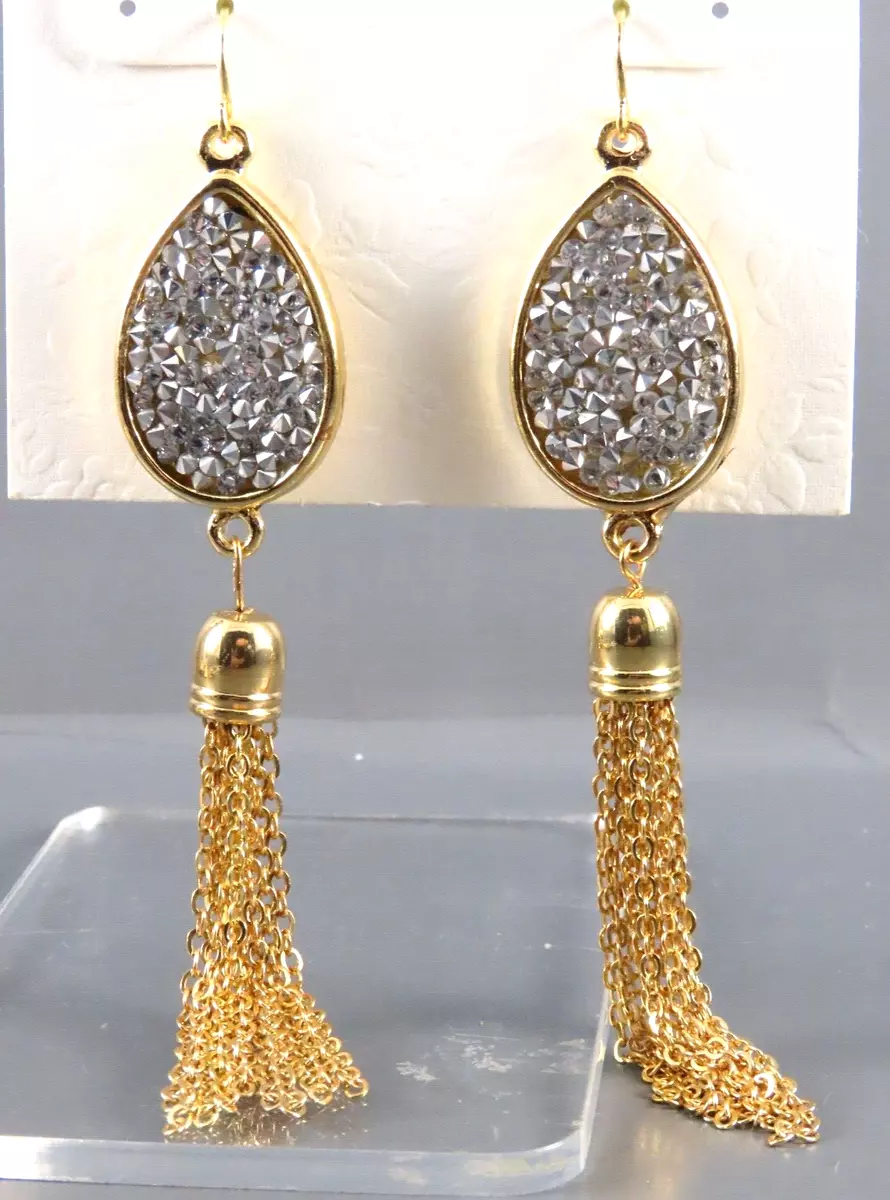 New ANNA AVA Gold Dangle Earrings SILVER GLITTER TEAR DROP Chain