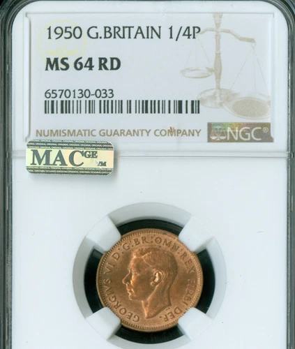 1950 GREAT BRITAIN FARTHING NGC MS64 RD MAC SPOTLESS  *