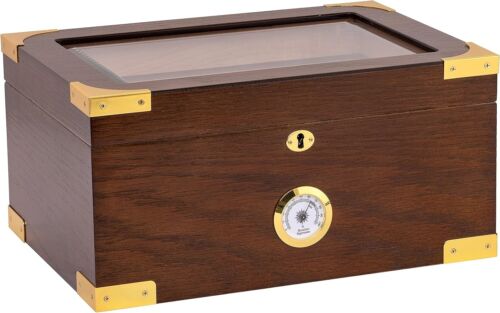 Elegant 100 Cigar Humidor Tempered Glasstop Cedar Spanish Divider, Brass Ring G - Picture 2 of 8