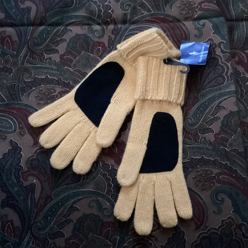 Ralph Lauren Polo Player Logo Golden Yellow Lambswool & Black Suede Knit Gloves - Picture 2 of 7