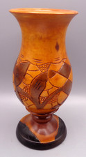 Vintage Hand Carved Wood Flower Vase Leaf Detail Two Tone Home Decor Piece Boho
