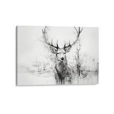 Black & White, Large Buck Deer Drawing Canvas 24x36 Canvas Wall Art Print Décor