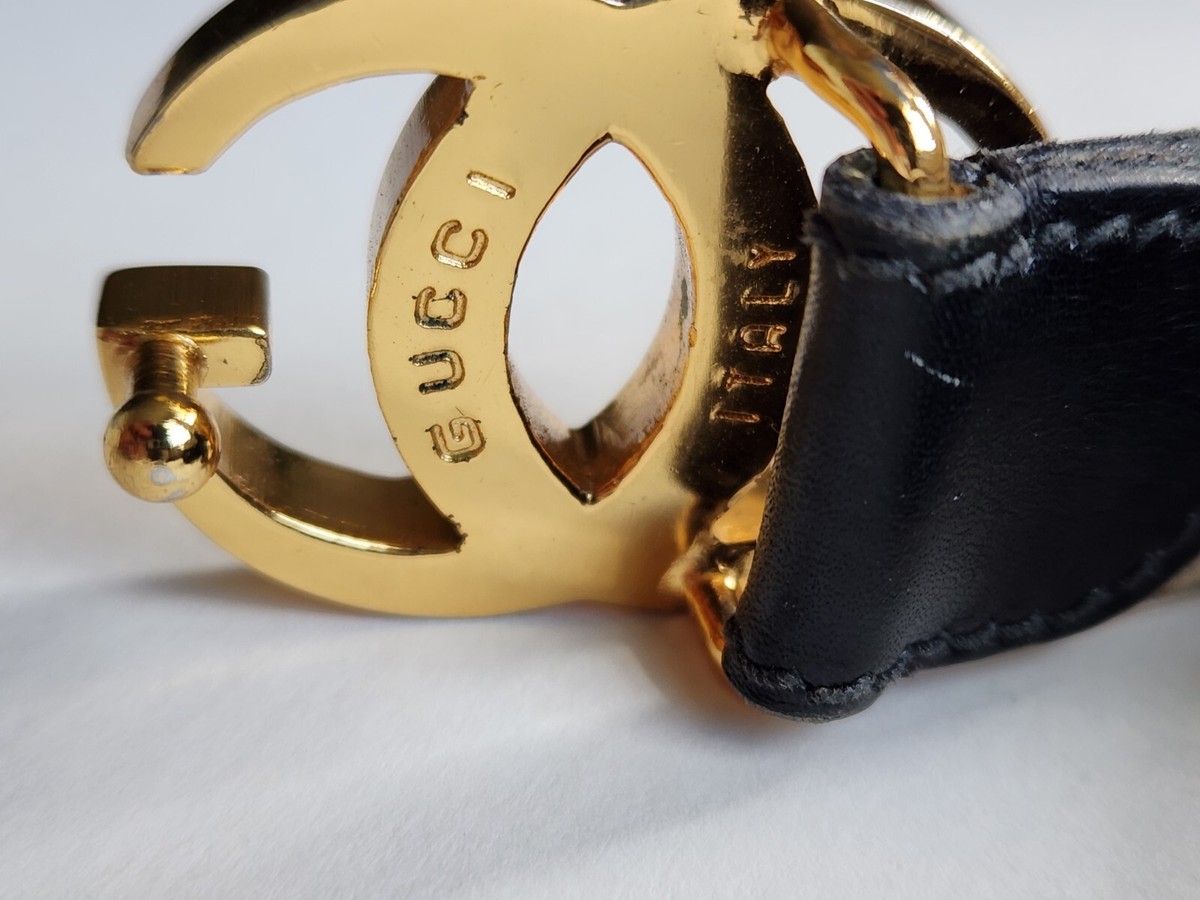 Gucci Vintage Gold-Tone Double G Logo Black Leather Belt-Sz 28 | eBay