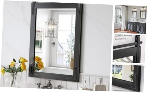 22x30 Inch Farmhouse Bathroom Mirror, Black Vanity Rustic Mirror with Wood